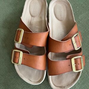Madden Girl Tan Sandals with Gold Buckles
